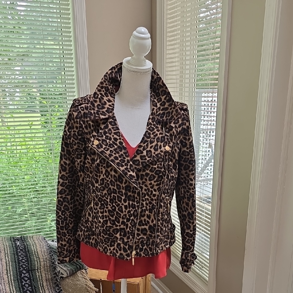 White House Black Market Leopard Motorcycle Jacket With Gold Trim & Tank